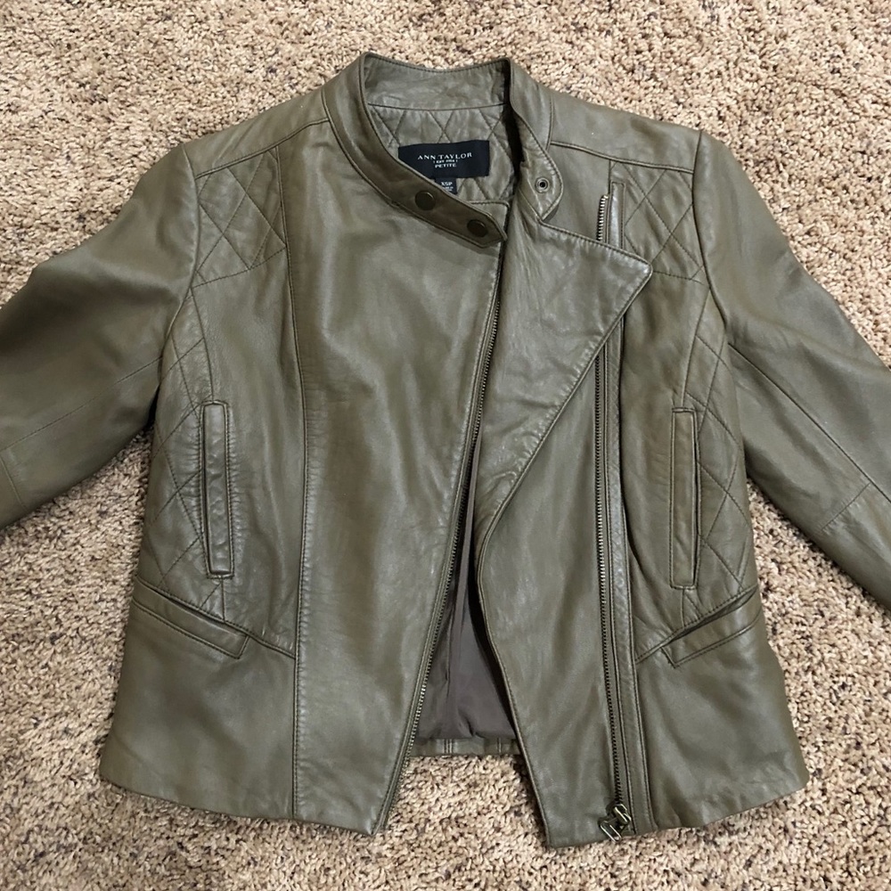 Beautiful, like new olive green leather jacket